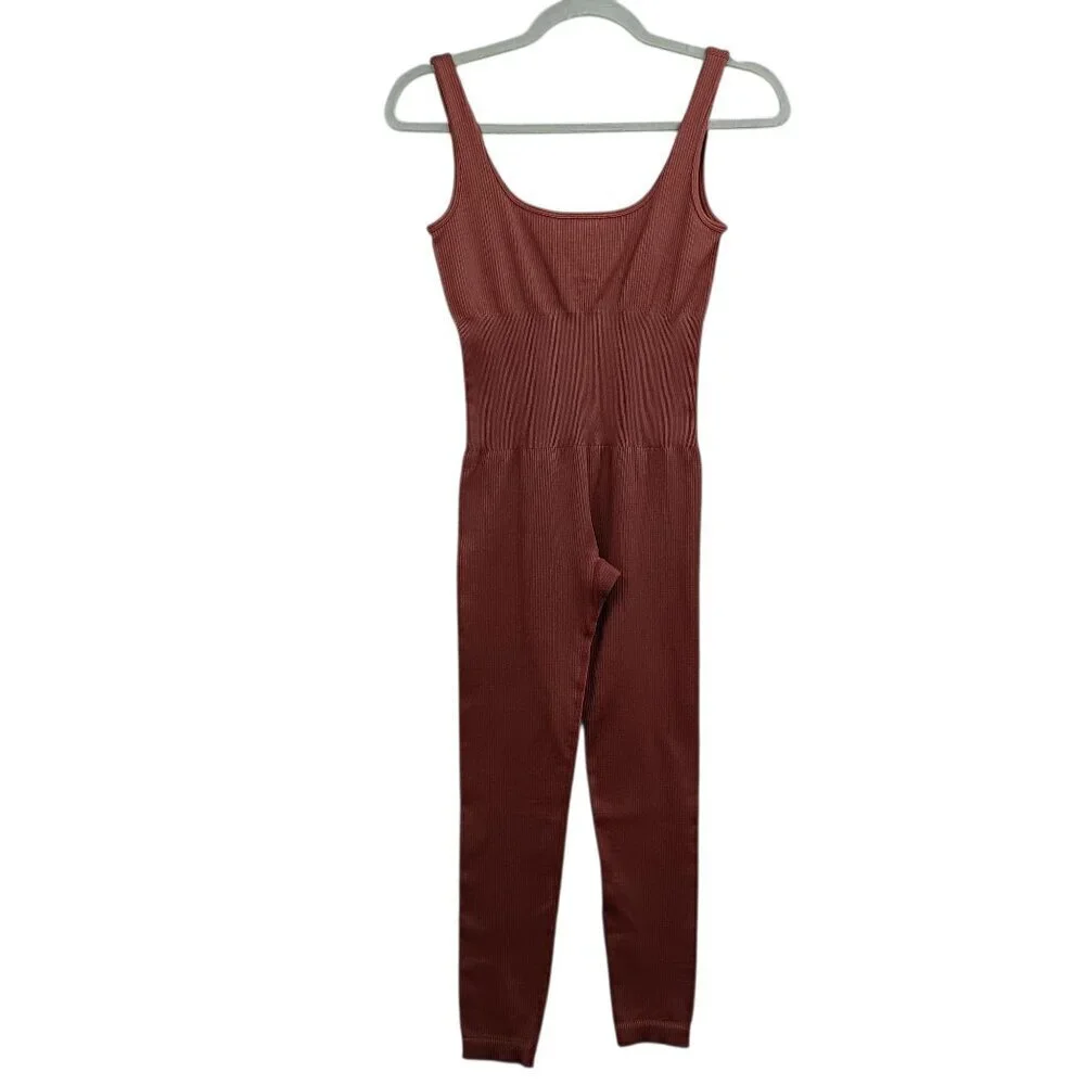 Women's Workout Seamless Jumpsuit Yoga Ribbed Bodycon One Piece Size M Brown - Picture 2 of 4